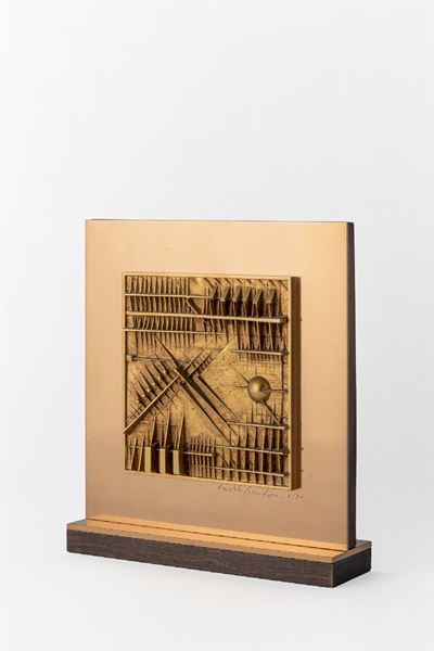 Bassorilievo per Rizzoli-Finarte, bronzo, ottone dorato e legno, 1977
