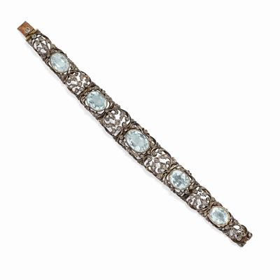 Bracciale con acquamarine e diamanti, oro giallo e argento, prima metà XX secolo