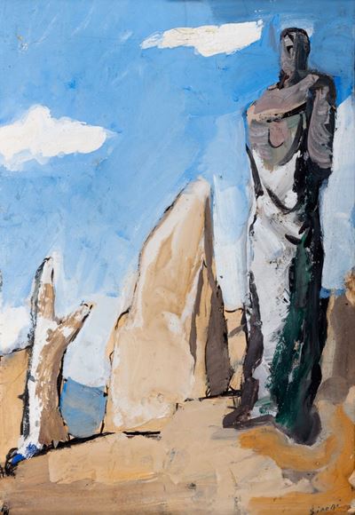 Paesaggio con figura, roccia e albero, tempera su carta applicata su cartone
