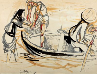 Figure in barca, tempera su carta