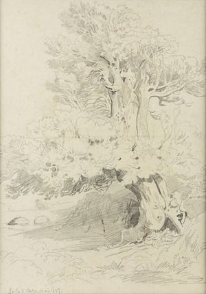 Pair of drawings with Porto d'Anzio and tree study