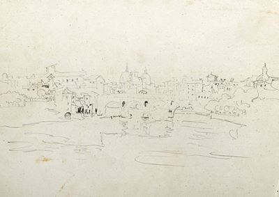 Veduta di Roma dal Tevere, matita su carta