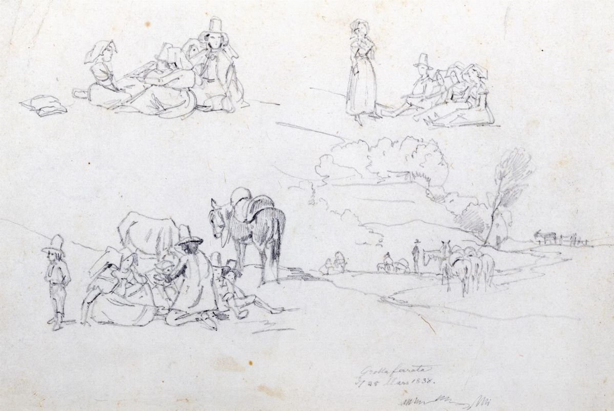Johann Jakob Frey - Lotto di tre disegni: "Ariccia" (1858), "Grottaferrata" (1838), "Lavandaie"