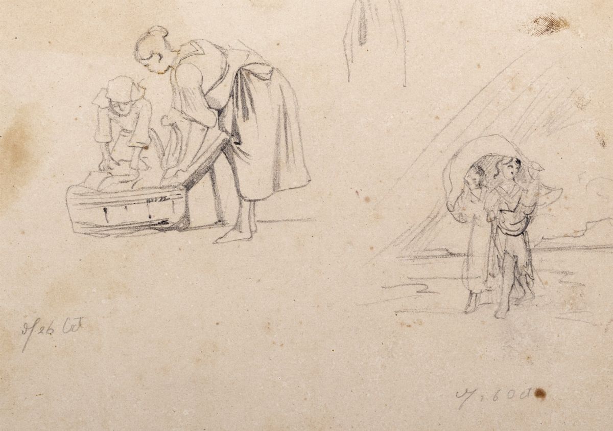 Johann Jakob Frey - Lotto di tre disegni: "Ariccia" (1858), "Grottaferrata" (1838), "Lavandaie"