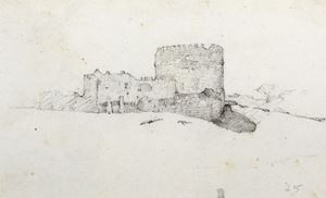 Two drawings with the Castrum Caetani in Rome and a village