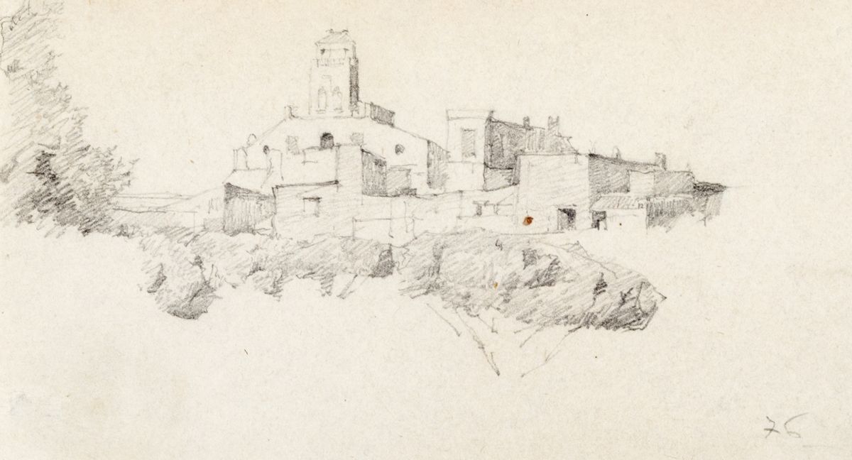 Johann Jakob Frey - Due disegni con il Castrum Caetani a Roma e un borgo, matita su carta