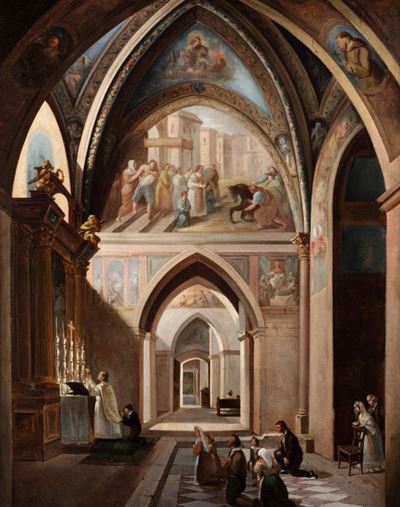 Veduta interna della chiesa inferiore della Basilica di San Francesco ad Assisi, olio su tela