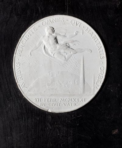 Modello in gesso per la medaglia commemorativa della prima trasmissione della Radio Vaticana, 193...