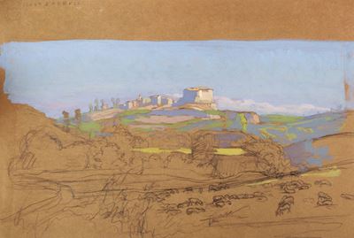 Tre dipinti di paesaggio: Veduta di Isola Farnese, Il casale tra le colline e Paesaggio di campag...