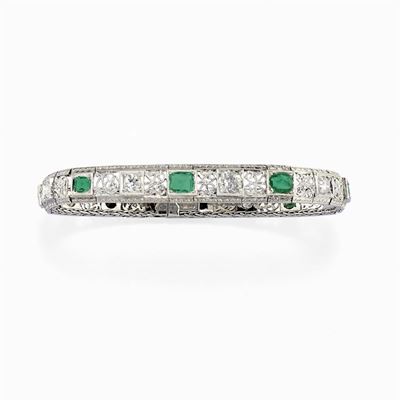 Bracciale in Oro Bianco 18k, Diamanti e Smeraldi, Circa 1950