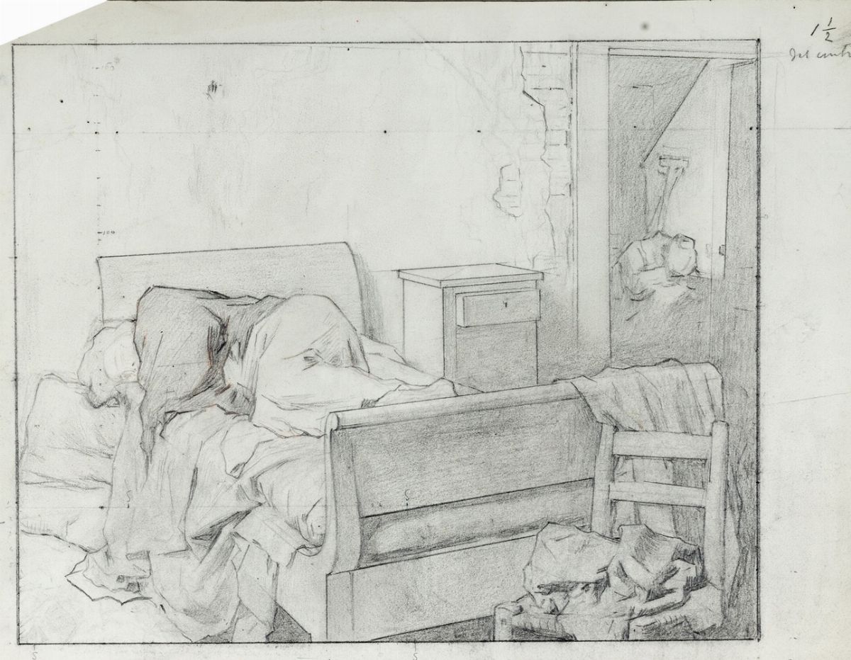 Silvio Giulio Rotta - Coppia di studi preparatori per il trittico 'Nelle tenebre', matita e carbo...