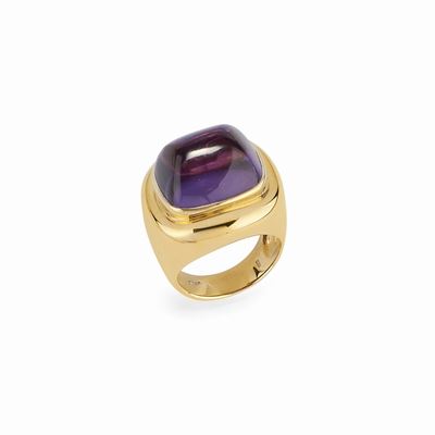 Anello, oro giallo 18K con ametista cabochon