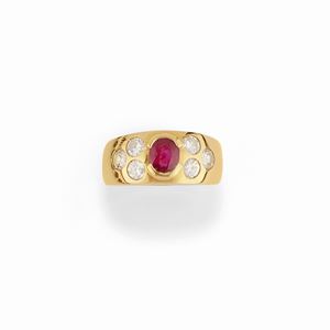 A 18K yellow gold, ruby and diamond ring