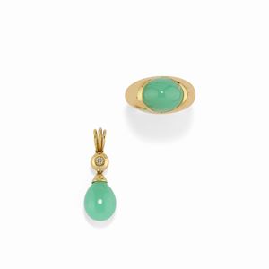 A 18K yellow gold, imitation jade and diamond ring and pendant