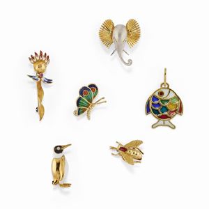 A 18K bicolor gold and enamel, five brooches and one pendant