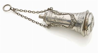 Porta profumo d'epoca in argento, forma cilindrica svasata decorata