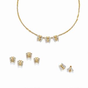 A 18K yellow and white gold diamond jewels, necklace, brooch and two earrings, Pomellato