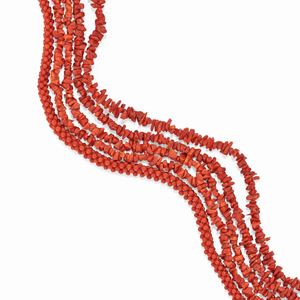 Three 18K yellow gold, red coral necklace