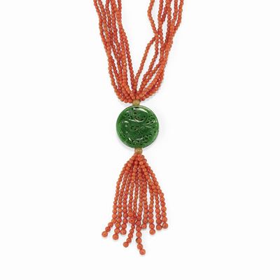 Collana in corallo salmone e giada orientale, sei fili