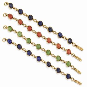 Four 18K yellow gold, coral, lapislazuli and jade bracelets, Pomellato, circa 1970