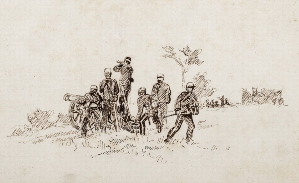 Ettore Ferrari - Lotto di due disegni con militari, china su carta
