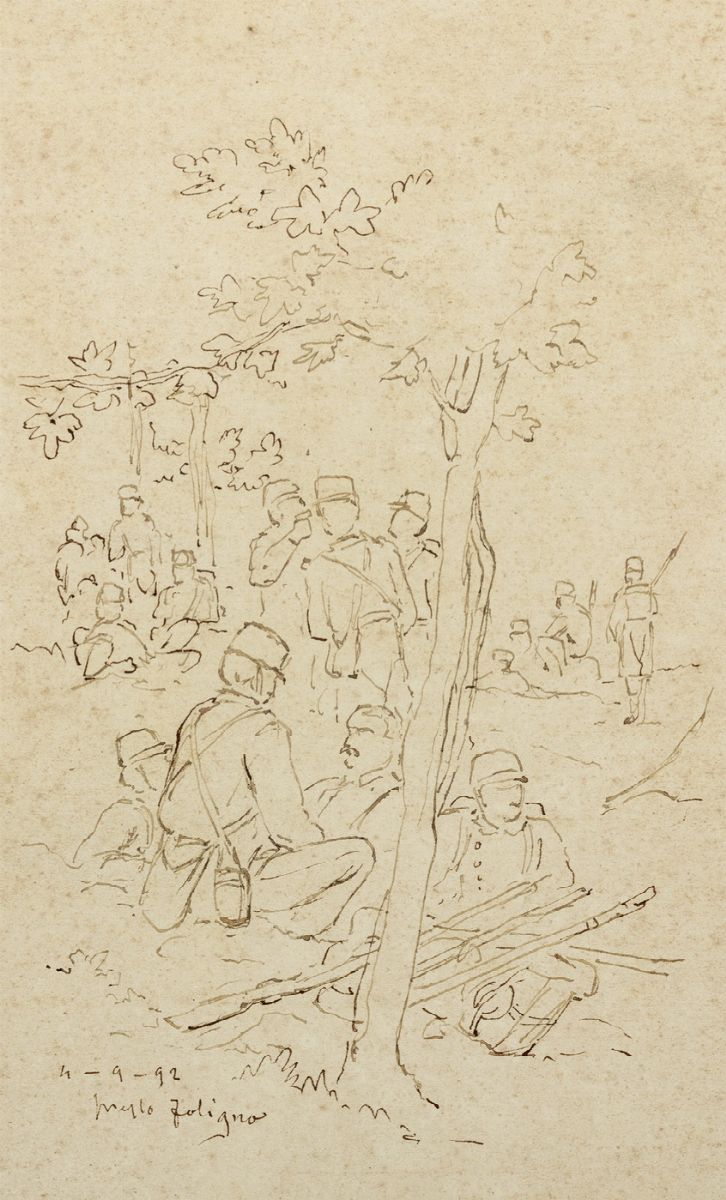 Ettore Ferrari - Lotto di due disegni con militari, china su carta