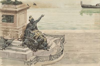 Venezia trionfante: Dettaglio del monumento equestre a Vittorio Emanuele II, acquerello su carta