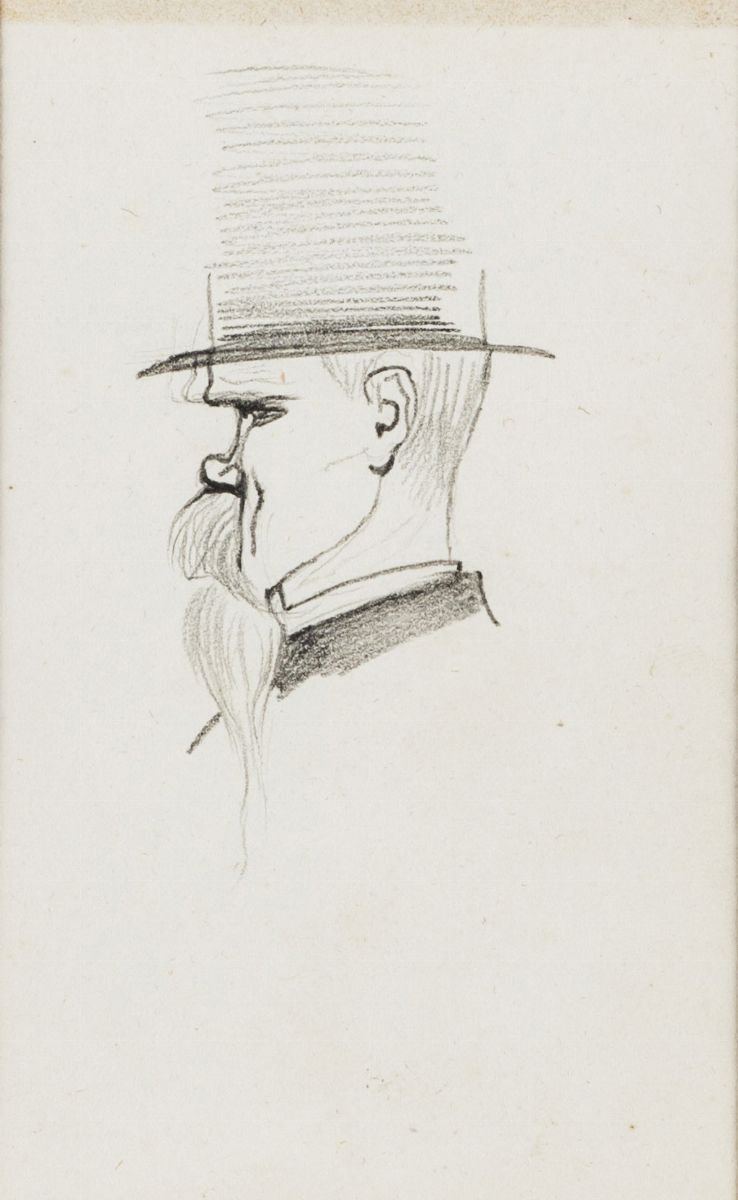 Ettore Ferrari - Lotto di Tre Disegni di Caricature di Teste Maschili, in un'unica Cornice