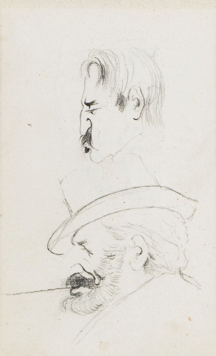 Ettore Ferrari - Lotto di Tre Disegni di Caricature di Teste Maschili, in un'unica Cornice