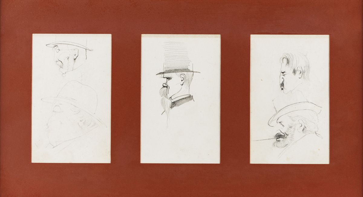 Ettore Ferrari - Lotto di Tre Disegni di Caricature di Teste Maschili, in un'unica Cornice