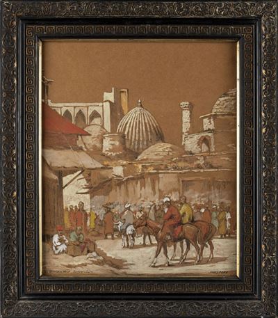 Coppia di vedute di Samarcanda, carboncino e tempera su cartoncino