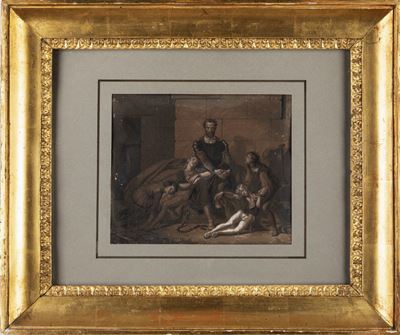 Il conte Ugolino con i figli (dopo un dipinto di Giuseppe Diotti), china e acquerello su cartonci...