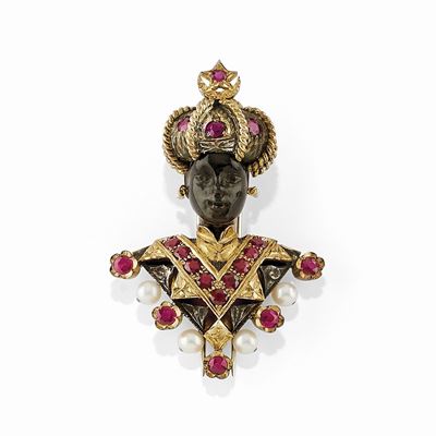 Spilla moretto in argento e oro giallo 18K con perle coltivate, granato e rubini