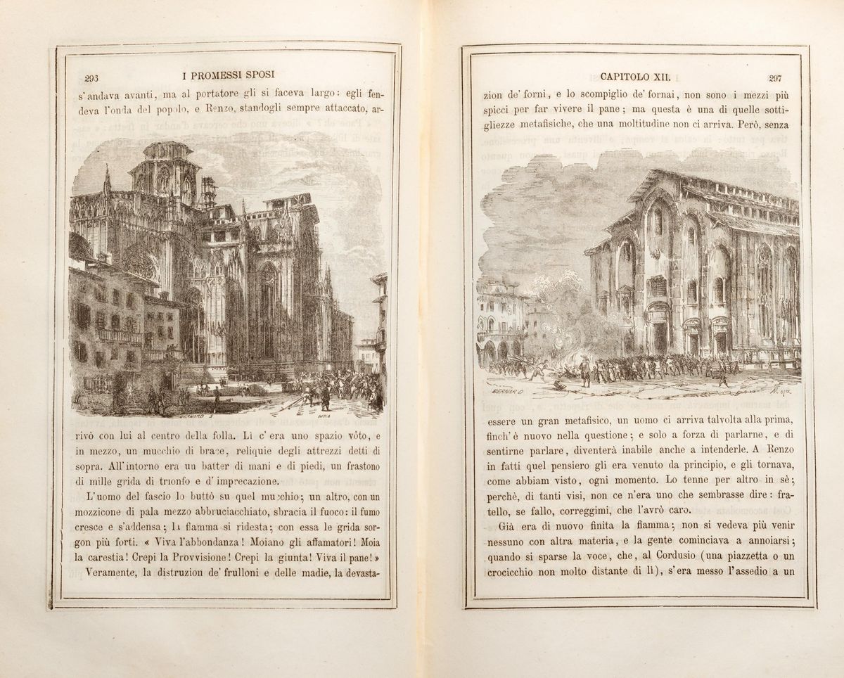 Manzoni, Alessandro I promessi sposi. Storia milanese del secolo XVII  scoperta e rifatta da Alessandro Manzoni. Edizione riveduta dall'autore.  Storia della colonna infame. Milano,Dalla stamperia Guglielmini e  Redaelli,1840 - Asta Incisioni, Vedute