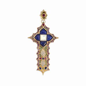 A 18K red gold, lapislazuli, mother of pearl, diamond, amethyst, sapphire, garnet, ruby and emerald pendant