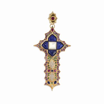 Pendente in oro rosso 18K con pietre preziose a forma di croce