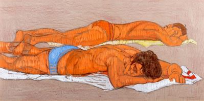 Uomini sdraiati al sole, olio e grafite su tavola