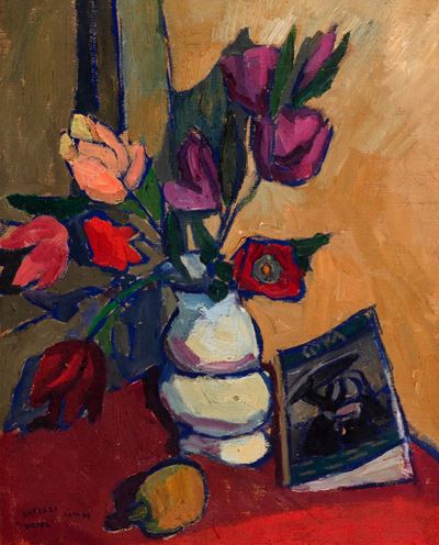 Natura morta con tulipani e libro, olio su tela