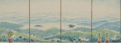 Bozzetto per il dipinto 'Finestra sul Trasimeno', pastelli colorati su carta