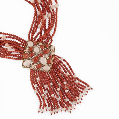 Grande collana in oro bicolore 18K con corallo e diamanti