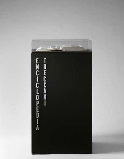 Volume XV dell'Enciclopedia Treccani. Professore, foglie, china su libro in box di legno e plexig...