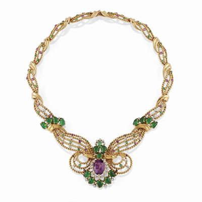 Collana con ametiste, crisoprasio e diamanti, oro bicolore 18K, circa 1950