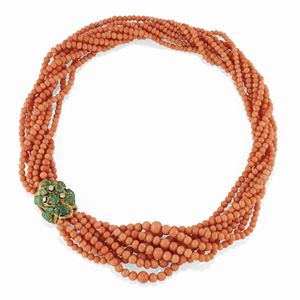 A 18K yellow gold, coral, diamond and emerald necklace, Cannilla for Masenza-Roma