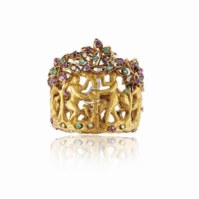 Bracciale in oro bicolore 18K con smeraldi, ametiste e diamanti, raffigurante Adamo ed Eva