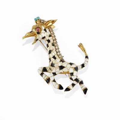 Spilla in oro bicolore 18K a forma di giraffa con rubino, turchesi, smalto e diamanti