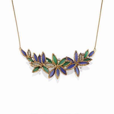 Collana con diamanti, calcedonio e crisoprasio in oro bicolore 18K