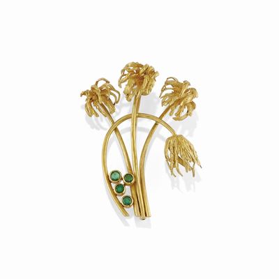 Spilla in oro giallo 18K con smeraldi taglio rotondo