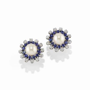 A 18K white gold, cultured pearl, sapphire and diamond earclips