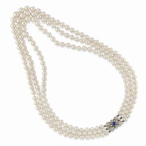 A 18K white gold, cultured pearl and sapphire necklace