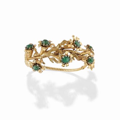 Bracciale in oro giallo 18K con smeraldi cabochon e diamanti huit-huit